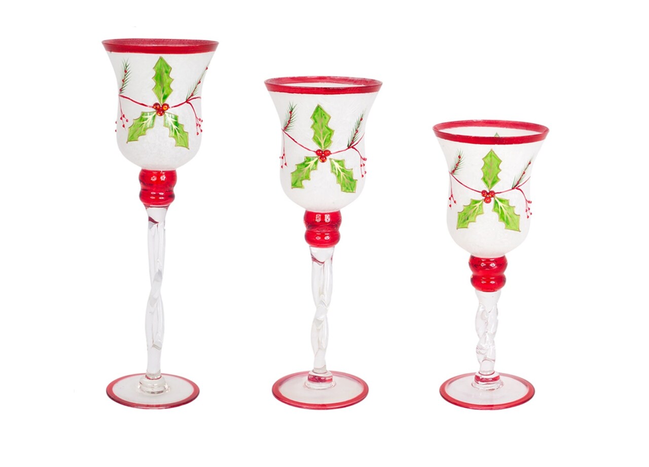 Melrose Set of 3 White and Red Glass Holly Candle Holders Christmas Decor 15.75"